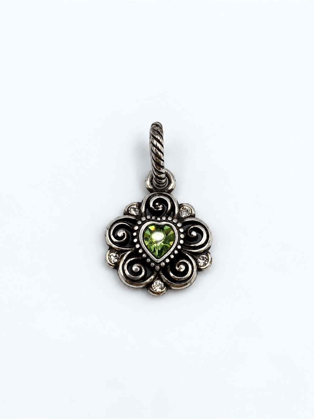 Brighton Silver-Tone Green Crystal Heart Scroll Charm